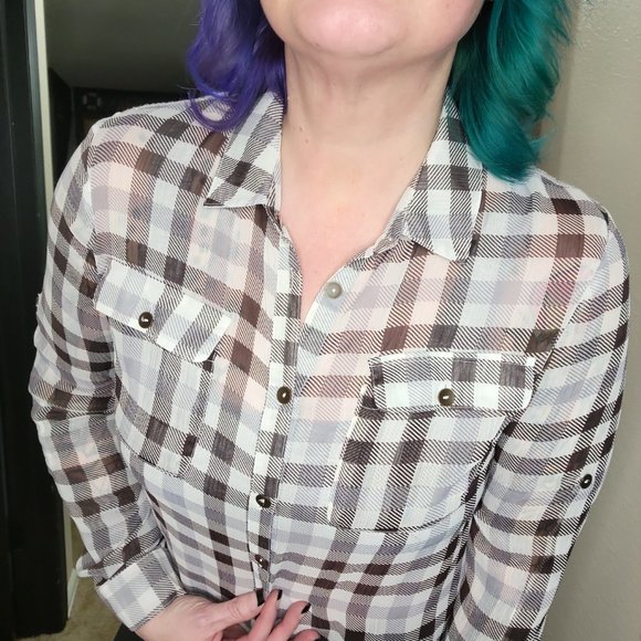 Band of Gypsies Sheer Button Down Long Sleeve Shirt Size Small Lace Back - Picture 2 of 12